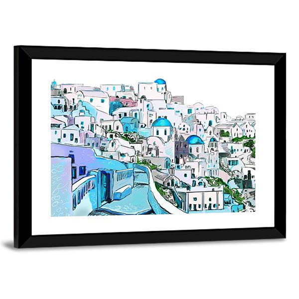 Drawing Of Greek Town Canvas Wall Art-3 Horizontal-Gallery Wrap-25" x 16"-Tiaracle