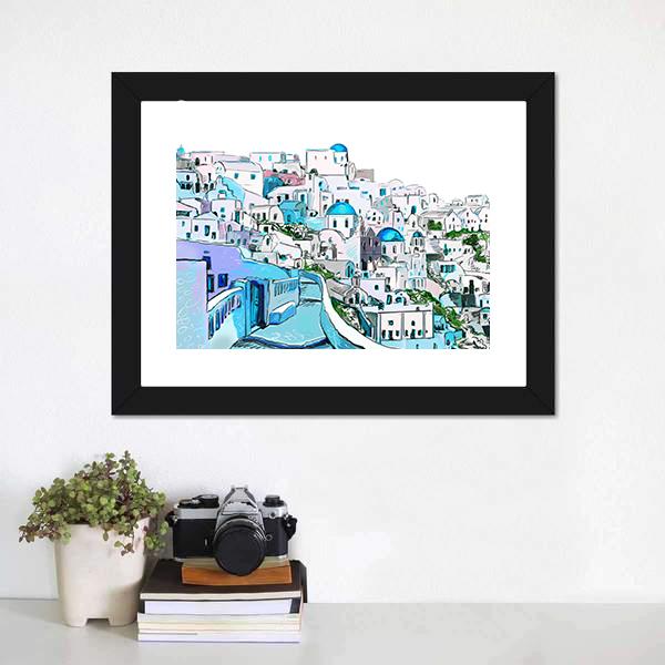 Drawing Of Greek Town Canvas Wall Art-3 Horizontal-Gallery Wrap-25" x 16"-Tiaracle