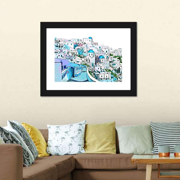 Drawing Of Greek Town Canvas Wall Art-1 Piece-Framed Print-20" x 16"-Tiaracle