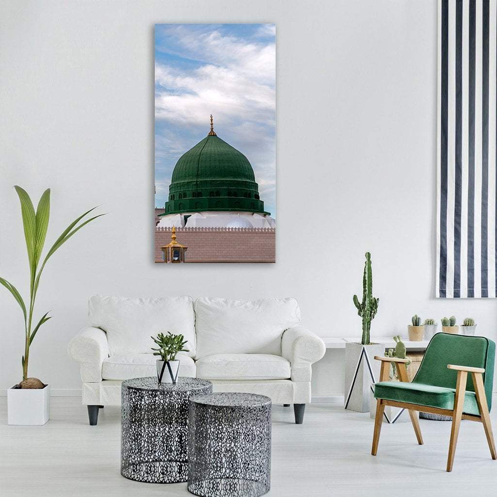 Green Dome of Medina with Gold Finial Vertical Canvas Wall Art in white, green and blue, single vertical panel hung on a wall