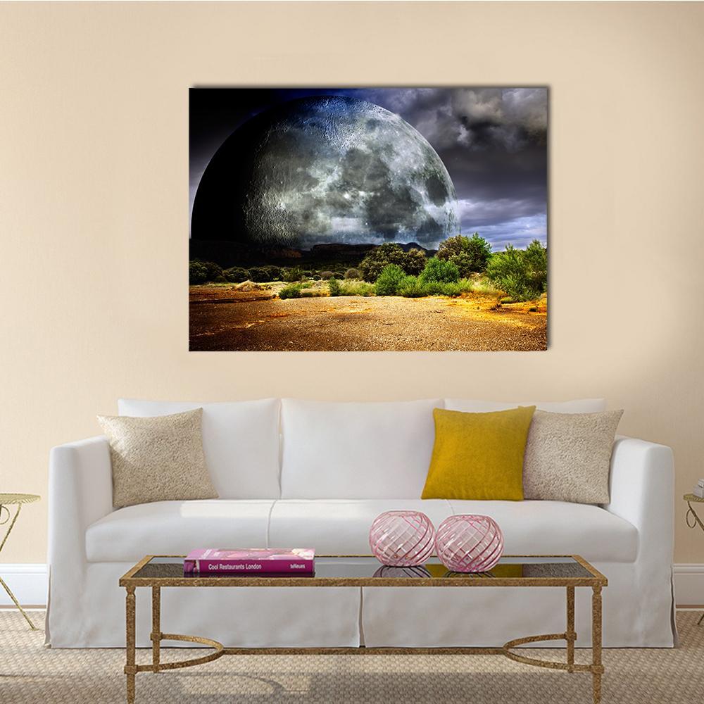 Giant Moon Over Desert Dreamscape Canvas Wall Art in black, gray and yellow, single panel hung on a wall