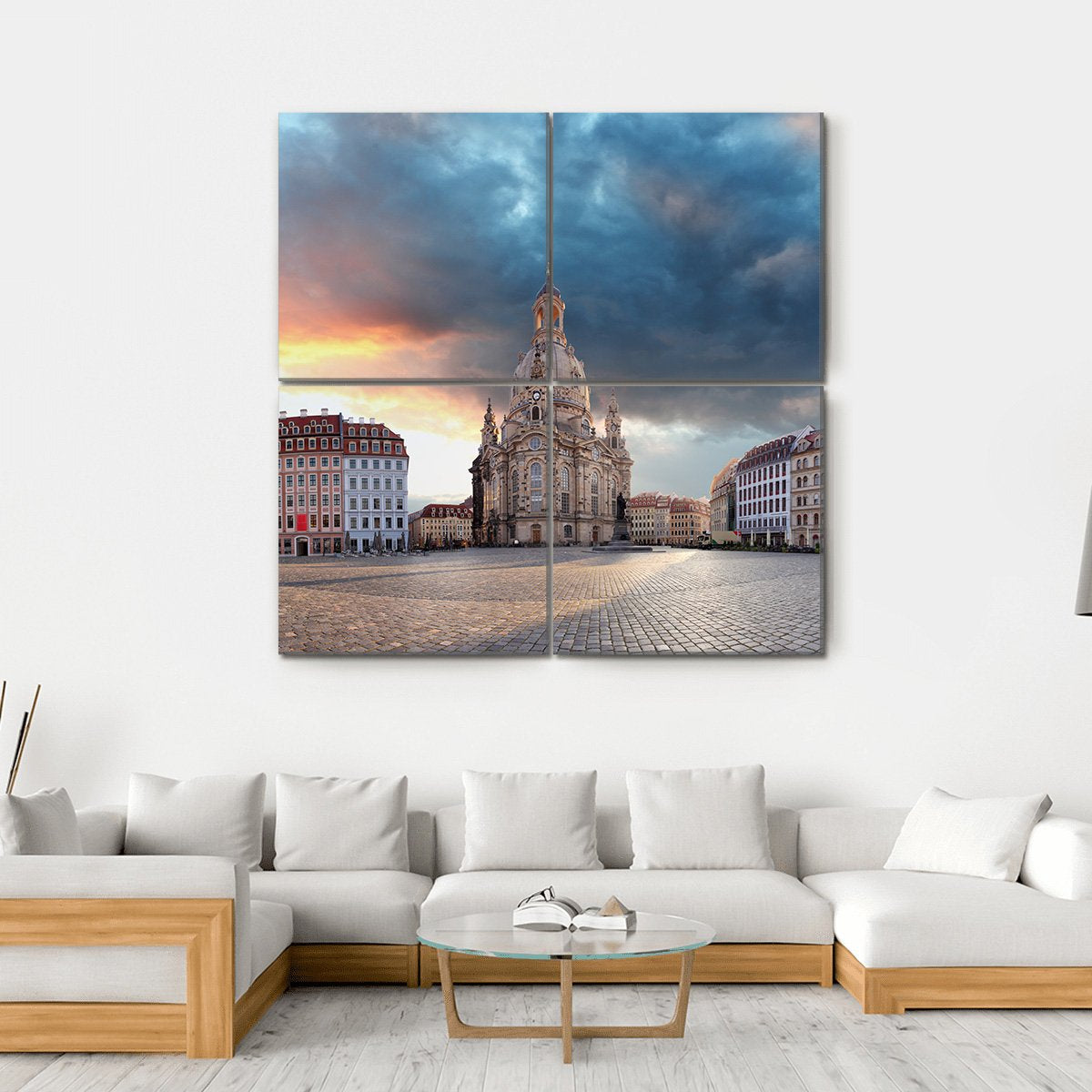 Dresden at Sunrise Canvas Wall Art in gray, orange and blue, single panel hung on a wall