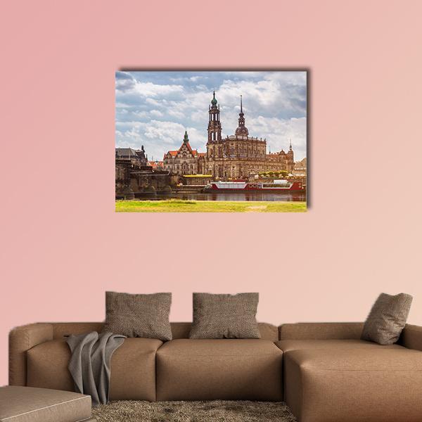 Dresden City Skyline Canvas Wall Art in gray, brown and blue, single panel hung on a wall