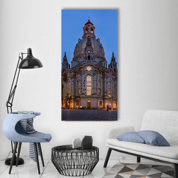 Frauenkirche Dresden at Twilight Vertical Canvas Wall Art in gray, beige and blue, single vertical panel hung on a wall