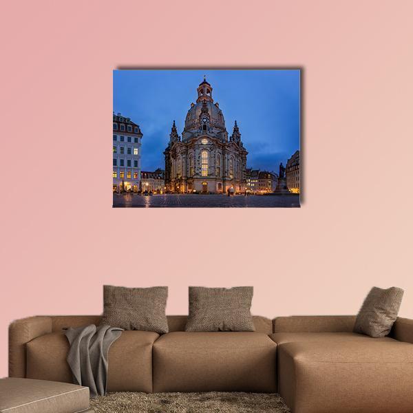 Frauenkirche Dresden at Dusk Canvas Wall Art in beige, yellow and blue, single panel hung on a wall