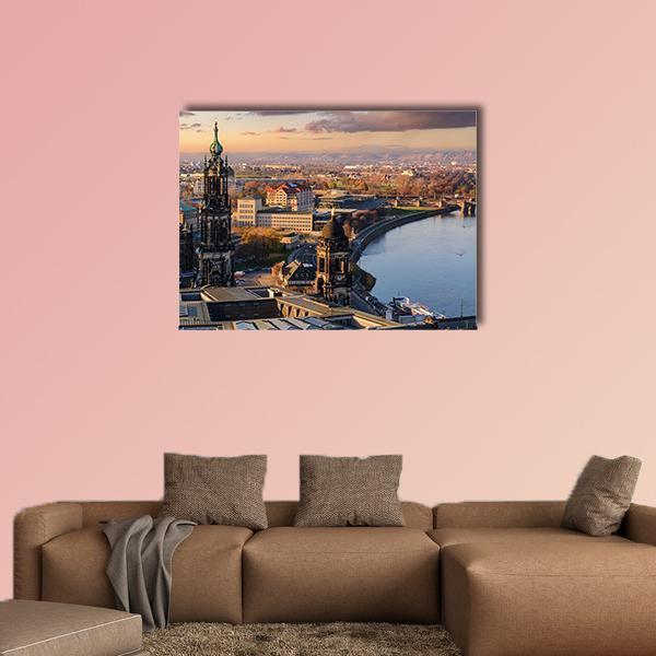 Dresden Skyline Canvas Wall Art in brown, orange and blue, single panel hung on a wall