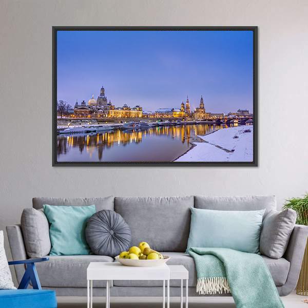 Dresden Skyline In Winter Panoramic Canvas Wall Art-1 Piece-36" x 12"-Tiaracle