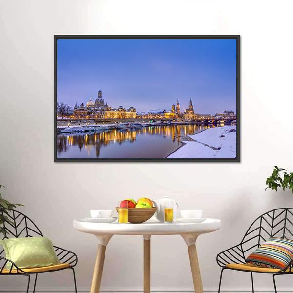 Dresden Skyline In Winter Panoramic Canvas Wall Art-1 Piece-36" x 12"-Tiaracle