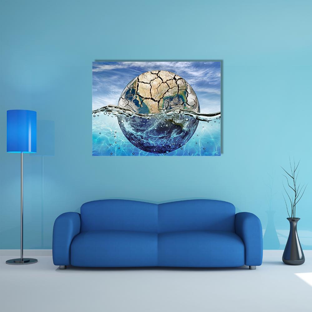 Cracked Earth Above Rising Seas Canvas Wall Art in white, brown and blue, single panel hung on a wall