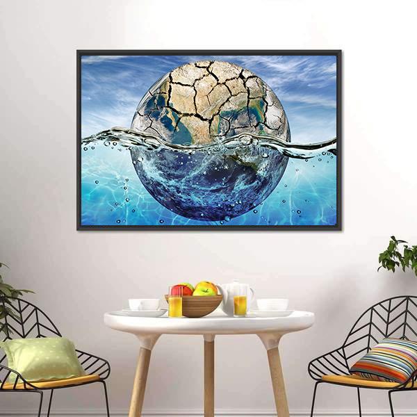 Dried Up Planet Immersed In Waters Canvas Wall Art-1 Piece-Floating Frame-24" x 16"-Tiaracle