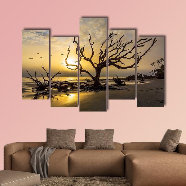 Driftwood Covered Beach Canvas Wall Art-5 Pop-Gallery Wrap-47" x 32"-Tiaracle