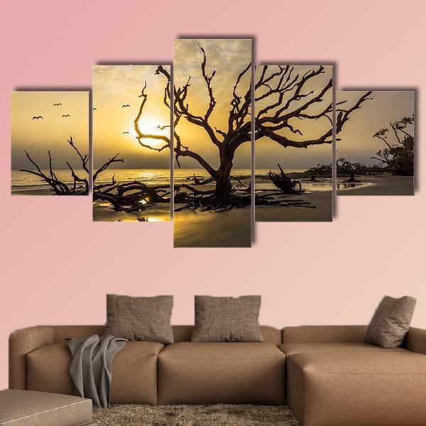 Driftwood Covered Beach Canvas Wall Art-5 Star-Gallery Wrap-62" x 32"-Tiaracle
