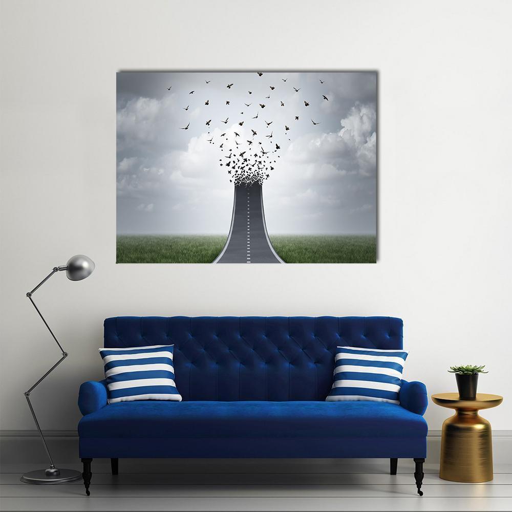 Driving Freedom: Road Disintegrating Into Birds Canvas Wall Art in black, white and gray, single panel hung on a wall