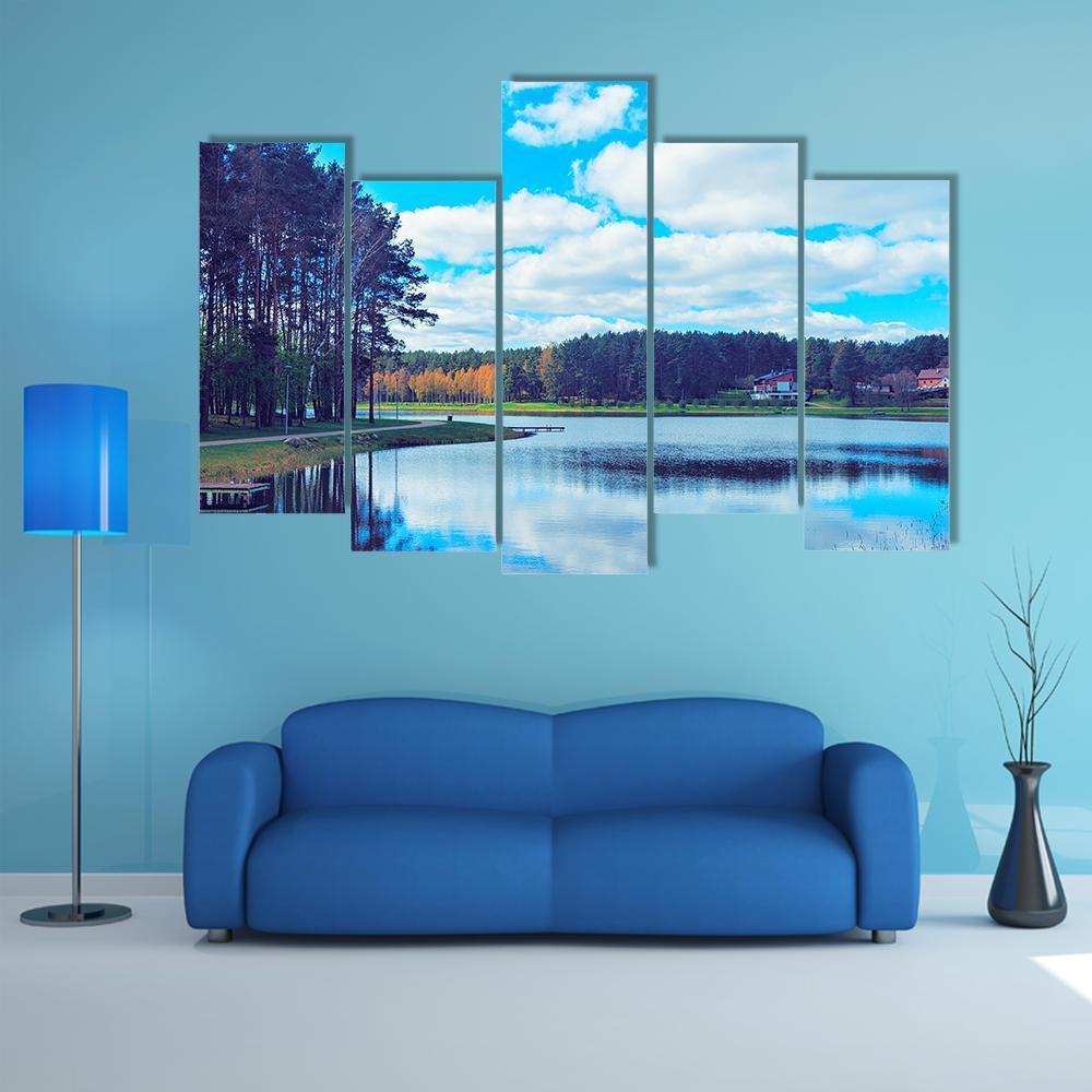 Druskonis Lake In Druskininkai Canvas Wall Art-5 Pop-Gallery Wrap-47" x 32"-Tiaracle
