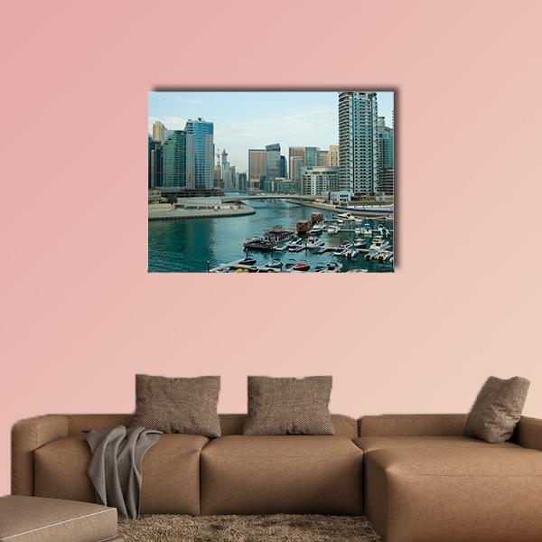 Dubai Marina Cityscape Canvas Wall Art in white, gray and blue, single panel hung on a wall