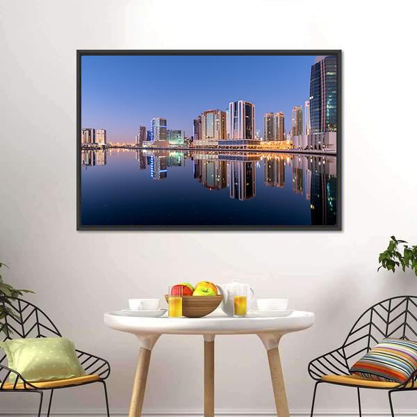 Dubai City Reflection In Canal Canvas Wall Art-1 Piece-Floating Frame-24" x 16"-Tiaracle