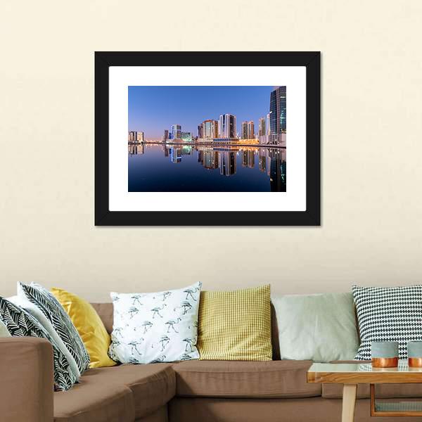 Dubai City Reflection In Canal Canvas Wall Art-1 Piece-Framed Print-20" x 16"-Tiaracle