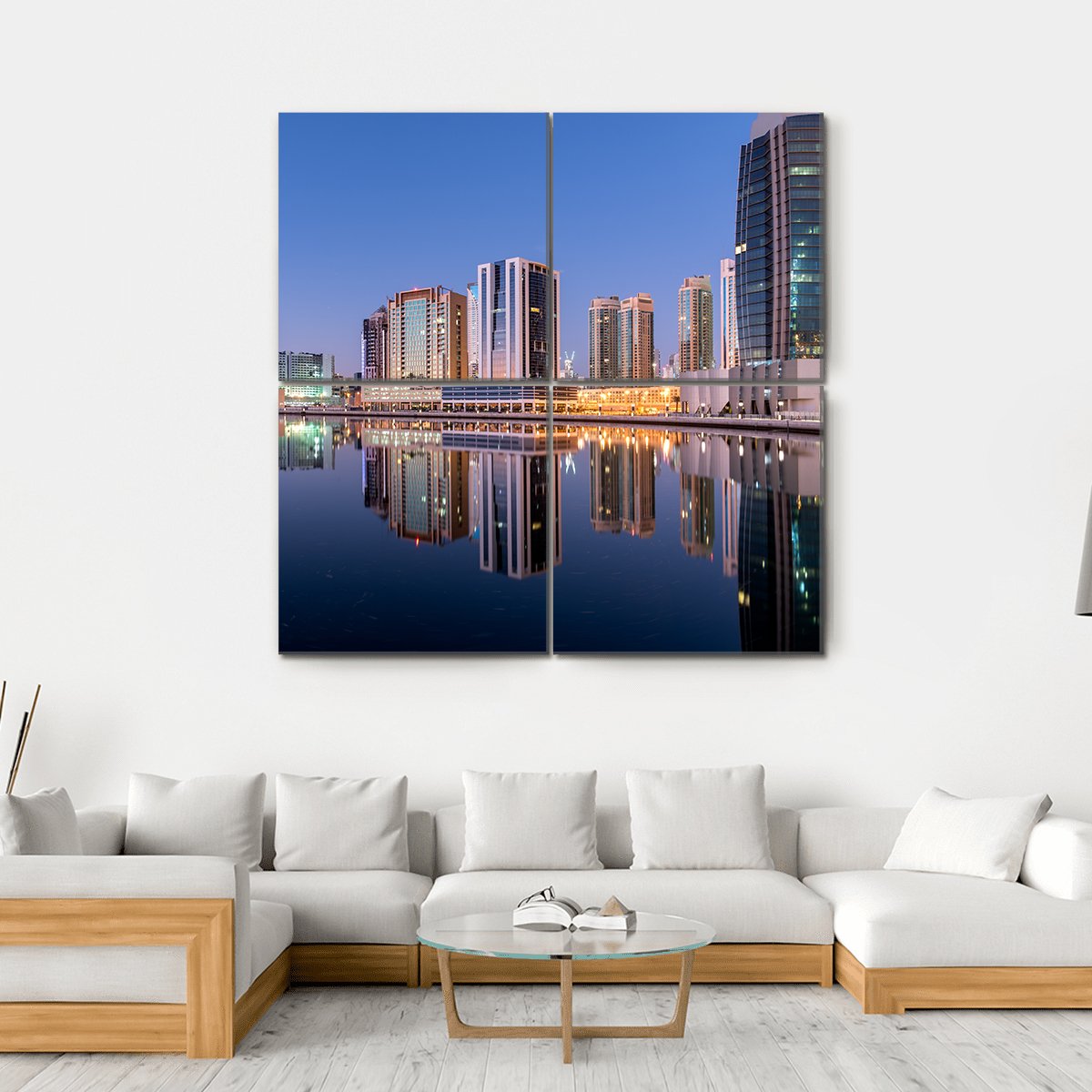 Dubai City Reflection In Canal Canvas Wall Art-4 Square-Gallery Wrap-17" x 17"-Tiaracle