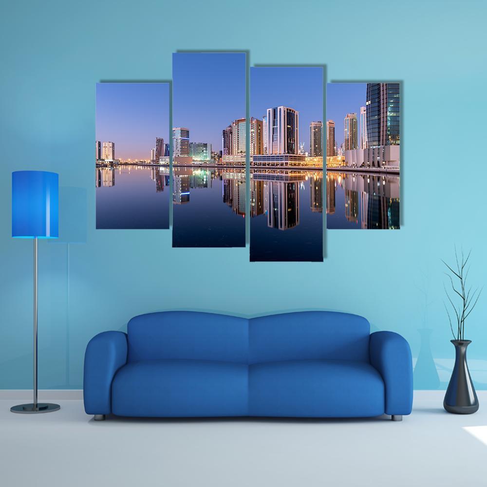 Dubai City Reflection In Canal Canvas Wall Art-4 Pop-Gallery Wrap-50" x 32"-Tiaracle