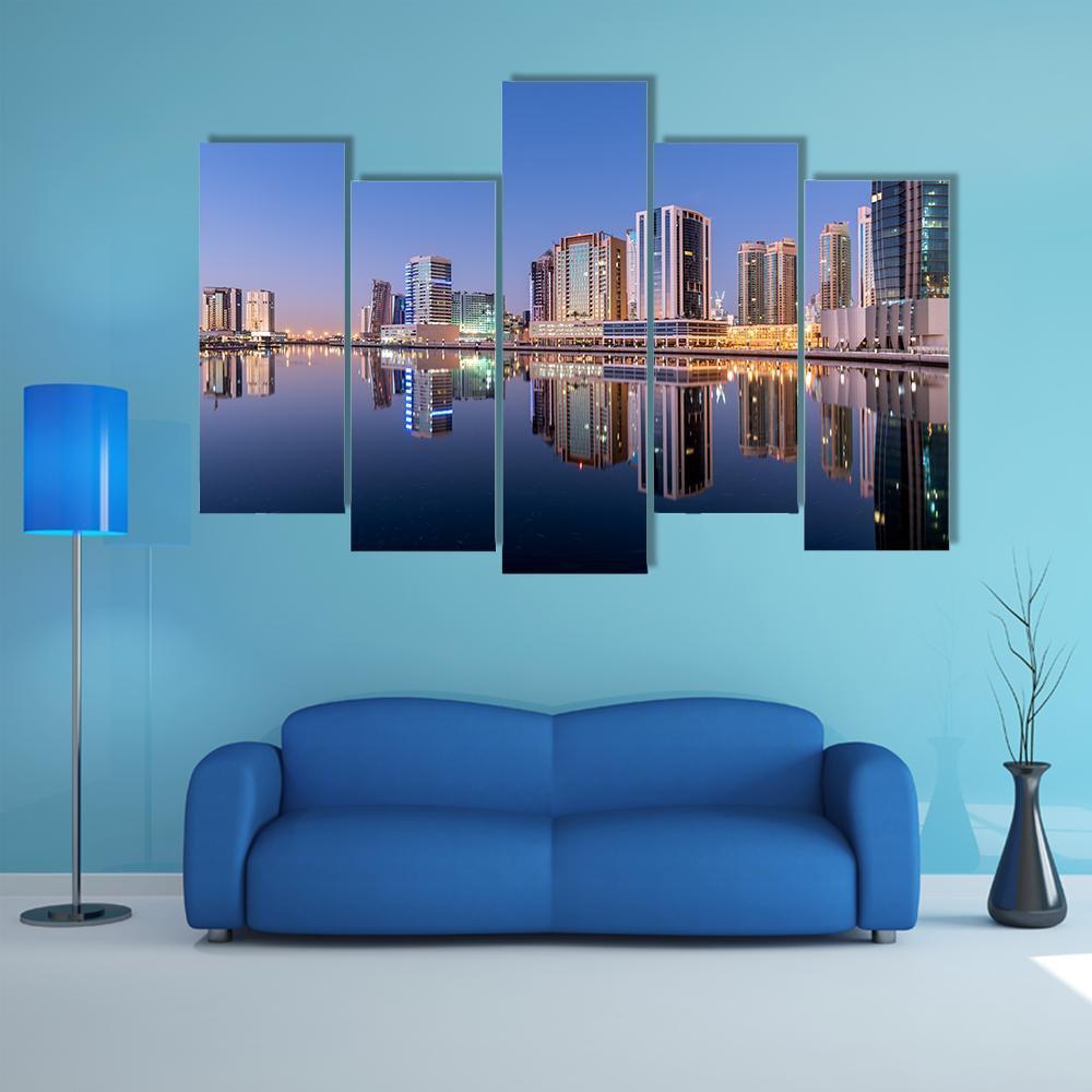 Dubai City Reflection In Canal Canvas Wall Art-5 Pop-Gallery Wrap-47" x 32"-Tiaracle