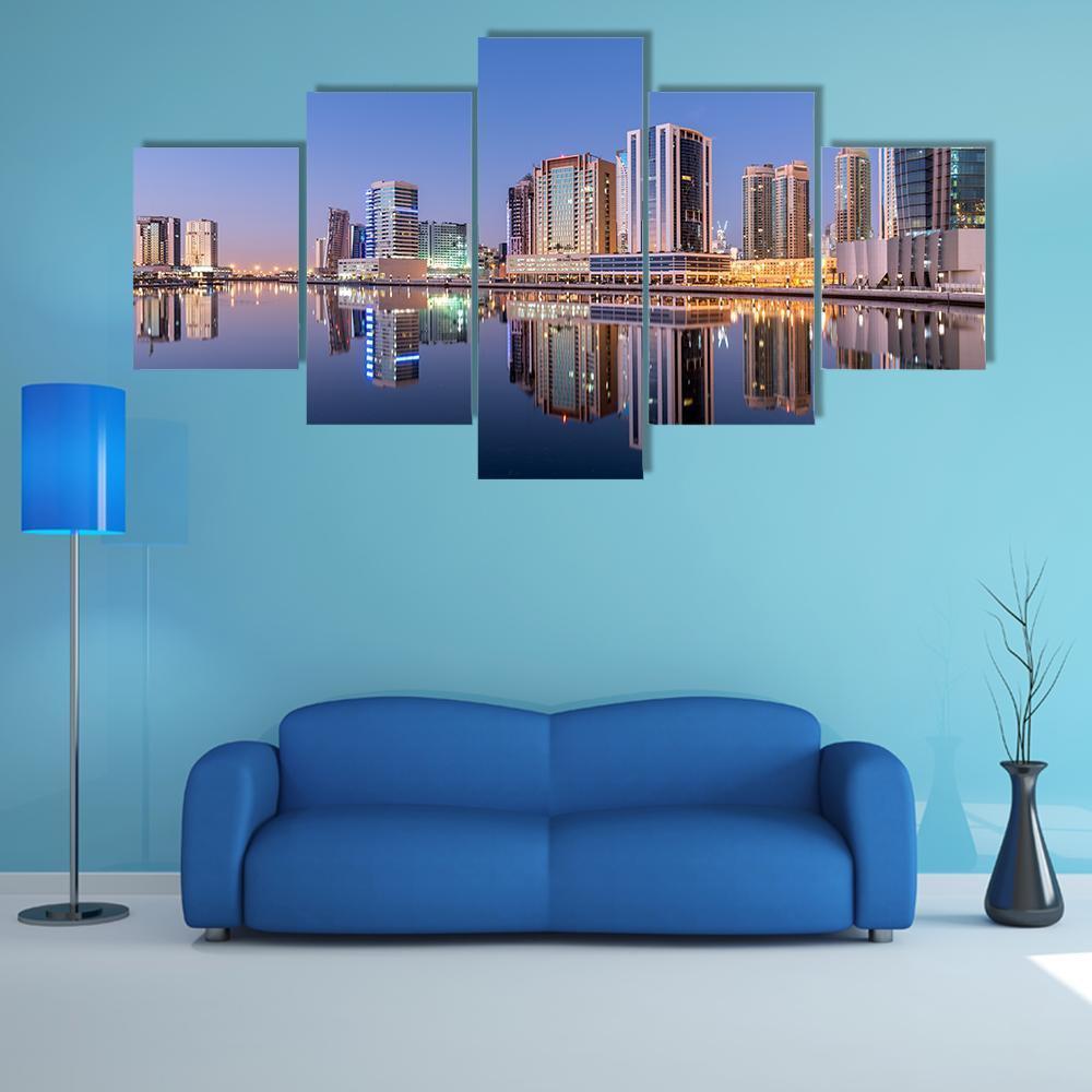 Dubai City Reflection In Canal Canvas Wall Art-5 Star-Gallery Wrap-62" x 32"-Tiaracle