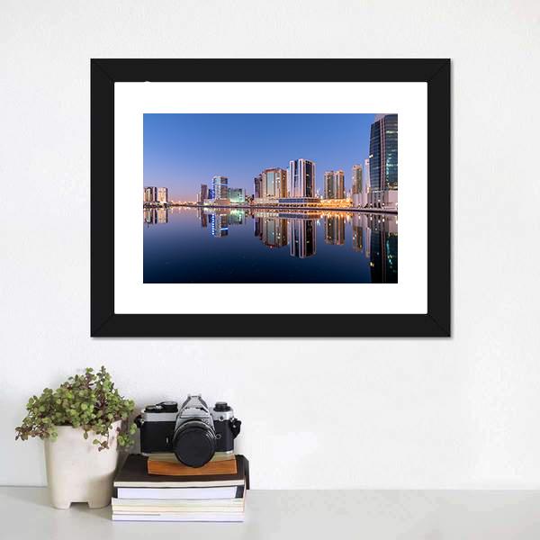 Dubai City Reflection In Canal Panoramic Canvas Wall Art-1 Piece-36" x 12"-Tiaracle