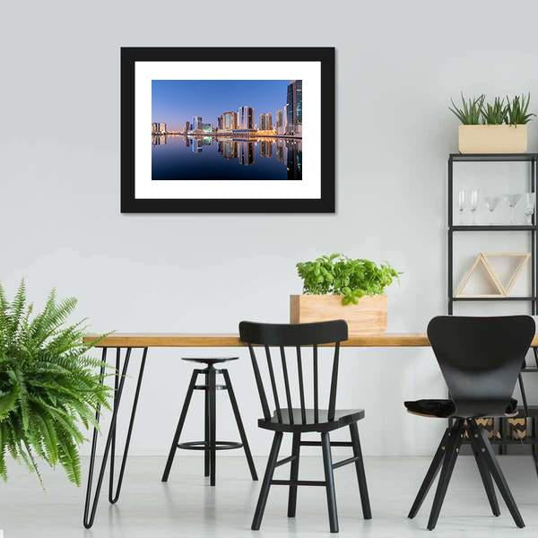 Dubai City Reflection In Canal Panoramic Canvas Wall Art-1 Piece-36" x 12"-Tiaracle