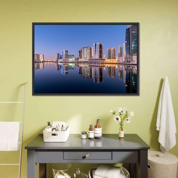 Dubai City Reflection In Canal Panoramic Canvas Wall Art-1 Piece-36" x 12"-Tiaracle
