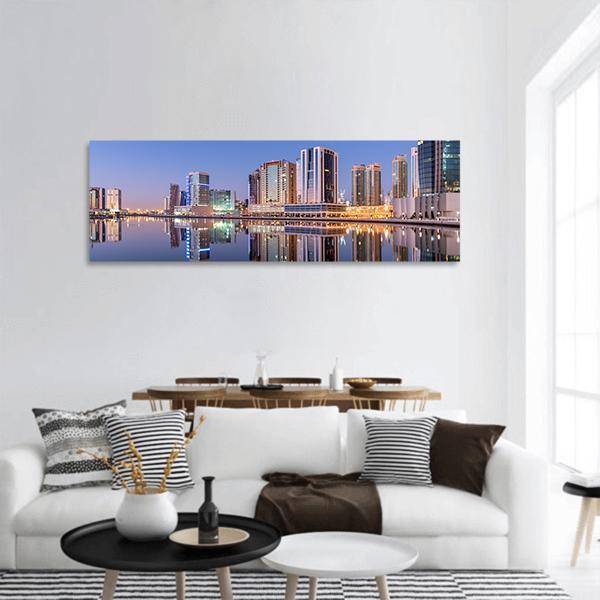 Dubai City Reflection In Canal Panoramic Canvas Wall Art-3 Piece-25" x 08"-Tiaracle