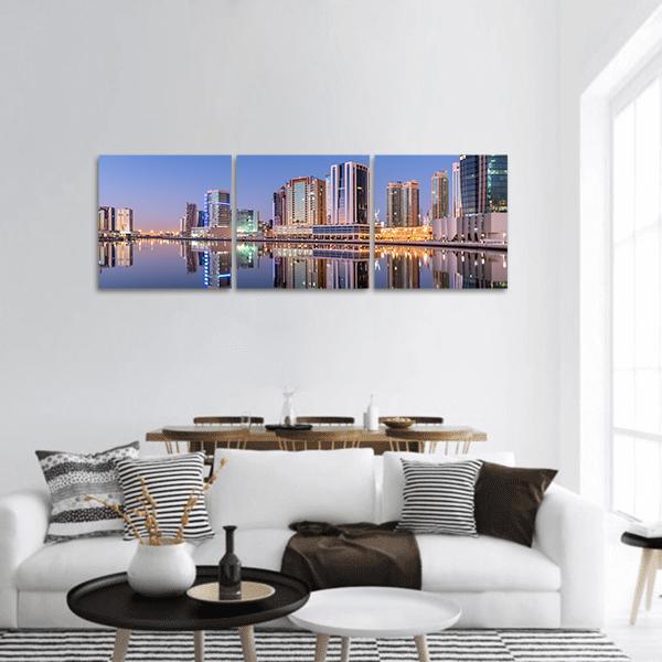 Dubai City Reflection In Canal Panoramic Canvas Wall Art-3 Piece-25" x 08"-Tiaracle