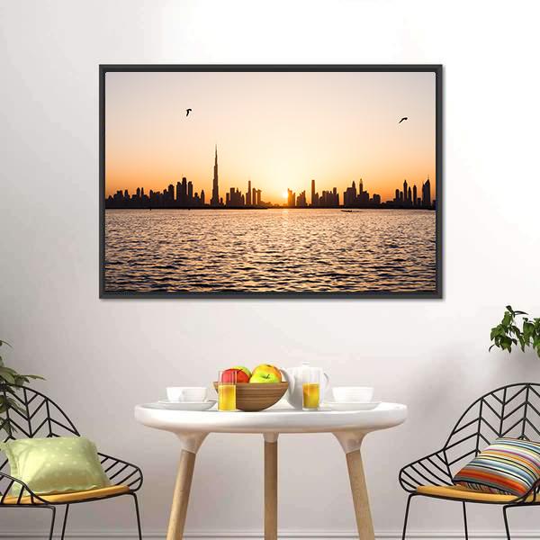 Dubai Cityscape At Sunset Canvas Wall Art-1 Piece-Floating Frame-24" x 16"-Tiaracle