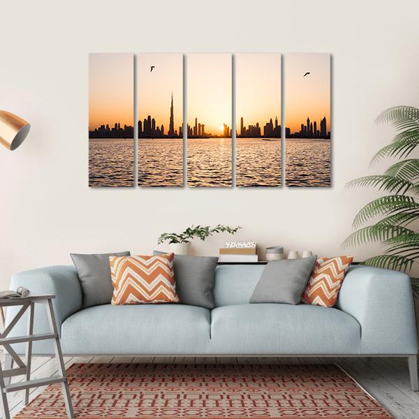 Dubai Cityscape At Sunset Canvas Wall Art-5 Horizontal-Gallery Wrap-22" x 12"-Tiaracle