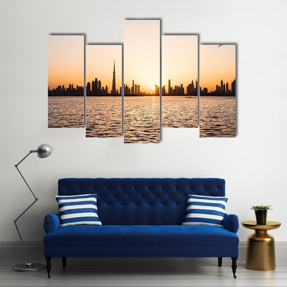 Dubai Cityscape At Sunset Canvas Wall Art-5 Pop-Gallery Wrap-47" x 32"-Tiaracle