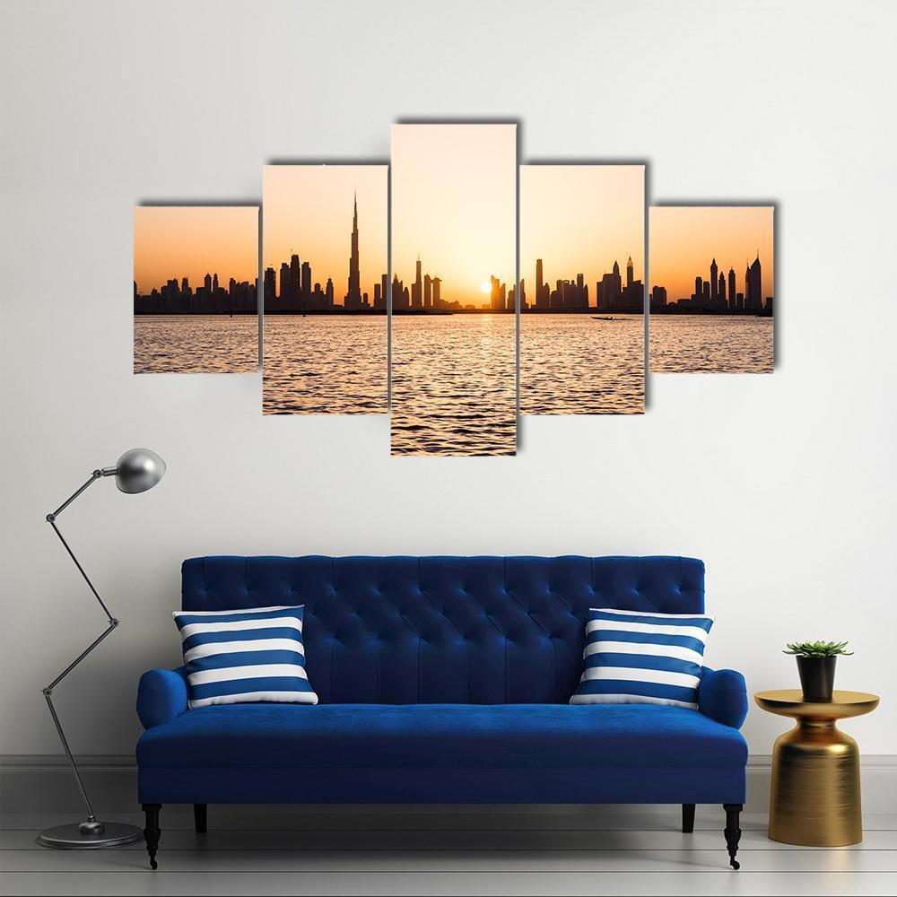 Dubai Cityscape At Sunset Canvas Wall Art-5 Star-Gallery Wrap-62" x 32"-Tiaracle