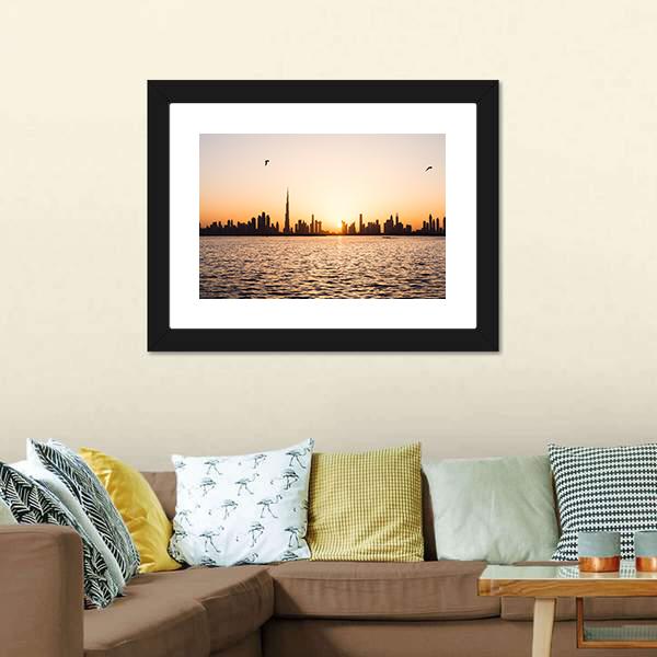 Dubai Cityscape At Sunset Canvas Wall Art-1 Piece-Framed Print-20" x 16"-Tiaracle