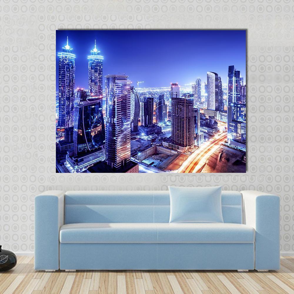Dubai Downtown Night Scene Canvas Wall Art-1 Piece-Gallery Wrap-48" x 32"-Tiaracle