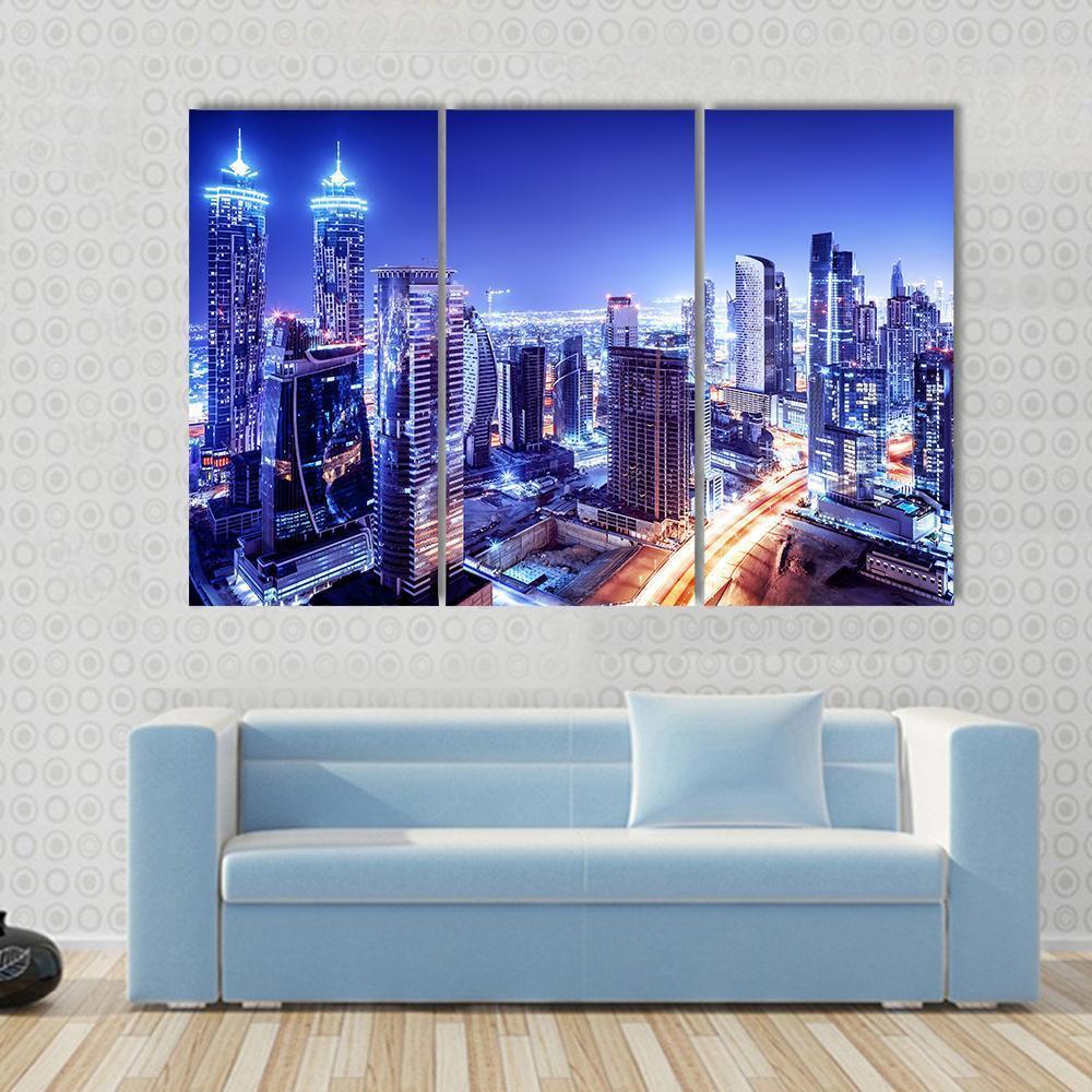 Dubai Downtown Night Scene Canvas Wall Art-3 Horizontal-Gallery Wrap-37" x 24"-Tiaracle