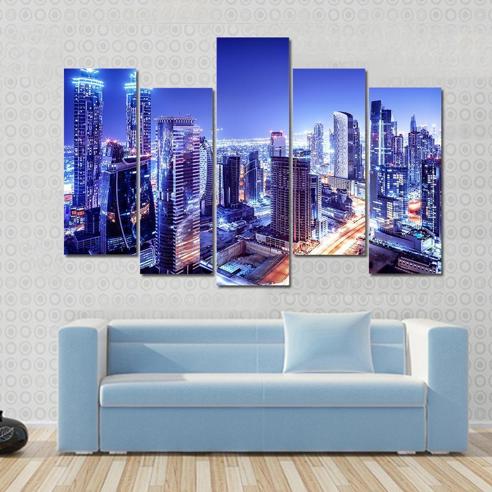 Dubai Downtown Night Scene Canvas Wall Art-5 Pop-Gallery Wrap-47" x 32"-Tiaracle