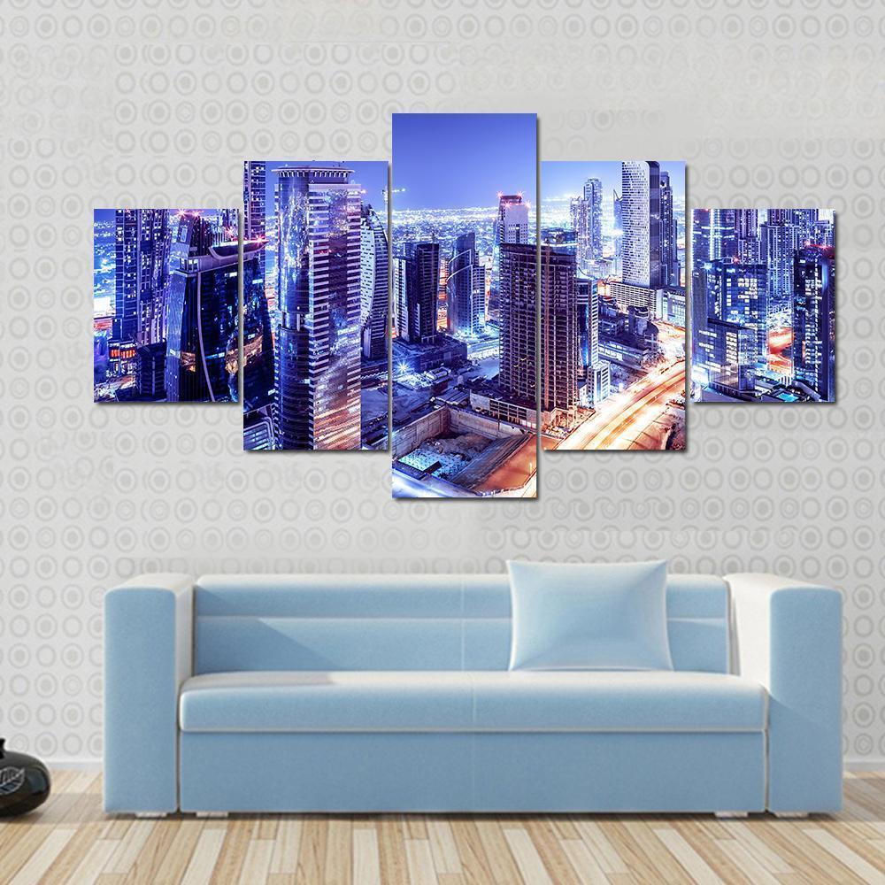 Dubai Downtown Night Scene Canvas Wall Art-5 Star-Gallery Wrap-62" x 32"-Tiaracle