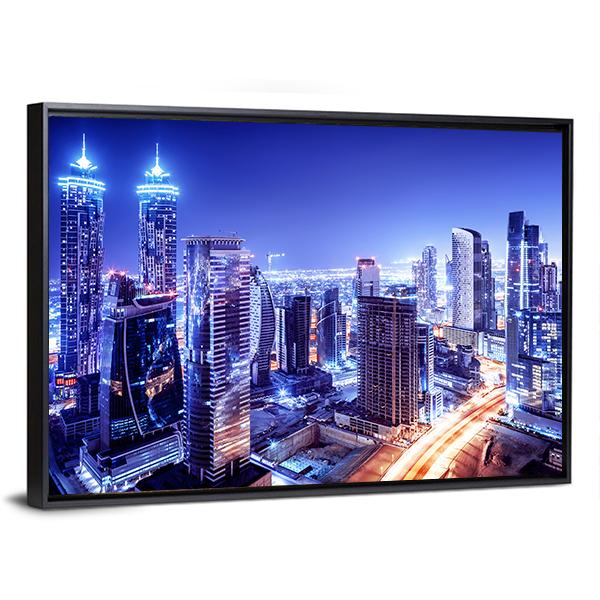 Dubai Downtown Night Scene Canvas Wall Art-3 Horizontal-Gallery Wrap-25" x 16"-Tiaracle