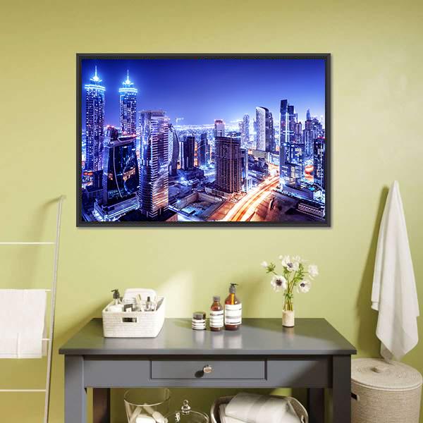 Dubai Downtown Night Scene Canvas Wall Art-3 Horizontal-Gallery Wrap-25" x 16"-Tiaracle