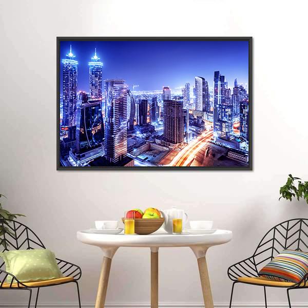 Dubai Downtown Night Scene Canvas Wall Art-1 Piece-Floating Frame-24" x 16"-Tiaracle