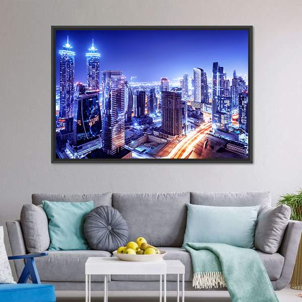 Dubai Downtown Night Scene Canvas Wall Art-3 Horizontal-Gallery Wrap-25" x 16"-Tiaracle