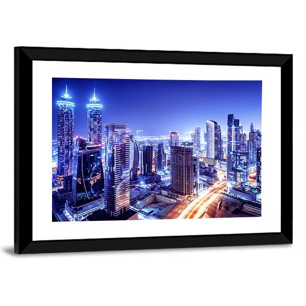 Dubai Downtown Night Scene Canvas Wall Art-3 Horizontal-Gallery Wrap-25" x 16"-Tiaracle