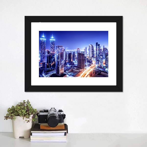 Dubai Downtown Night Scene Canvas Wall Art-3 Horizontal-Gallery Wrap-25" x 16"-Tiaracle