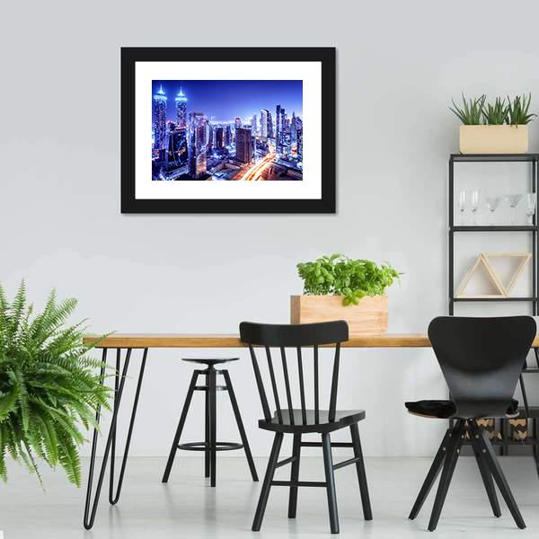 Dubai Downtown Night Scene Canvas Wall Art-3 Horizontal-Gallery Wrap-25" x 16"-Tiaracle