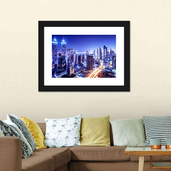 Dubai Downtown Night Scene Canvas Wall Art-1 Piece-Framed Print-20" x 16"-Tiaracle