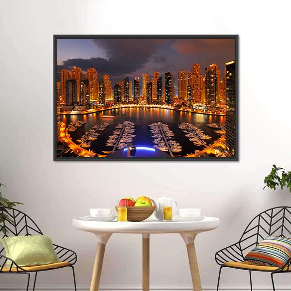 Dubai Marina At Dusk Canvas Wall Art-1 Piece-Floating Frame-36" x 24"-Tiaracle