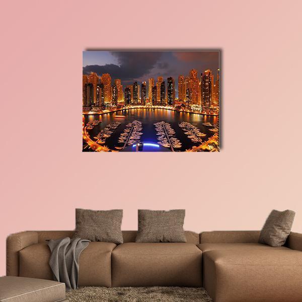 Dubai Marina at Dusk Canvas Wall Art in gold, orange and blue, single panel hung on a wall