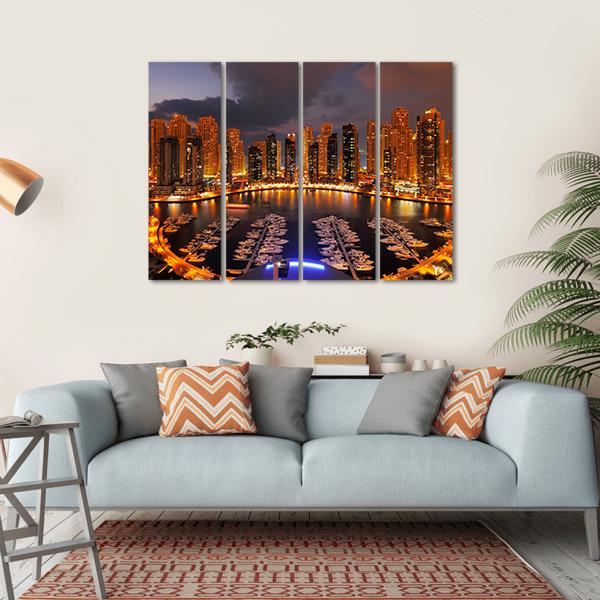 Dubai Marina At Dusk Canvas Wall Art-4 Horizontal-Gallery Wrap-34" x 24"-Tiaracle